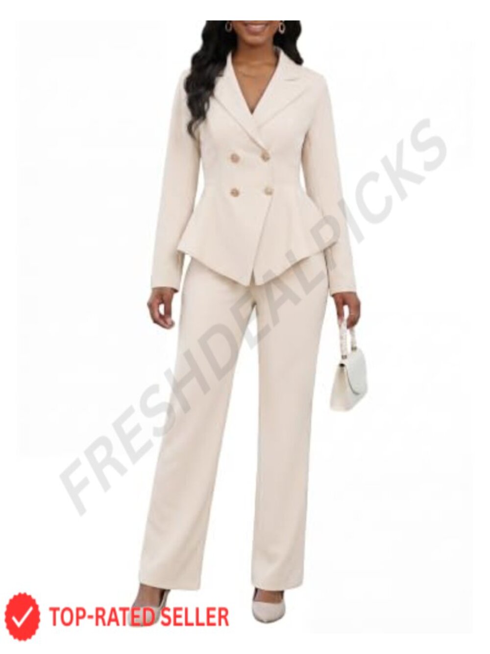 2 Piece Blazer & Pant Suit Set Ruffle Hem V-Neck Business Casual Workwear